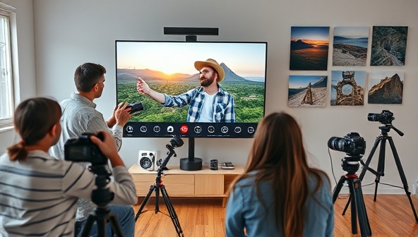 An online photography workshop scene featuring a professional photographer demonstrating composition techniques to a group of eager participants via a video conference, with cameras, tripods, and travel photos displayed in the background, fostering a creative and interactive learning environment.