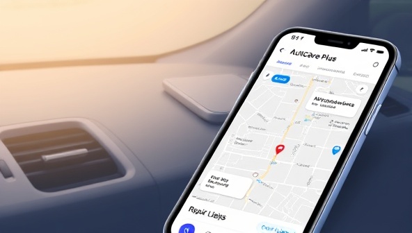 An illustration of a smartphone displaying the AutoCare Plus app, with notifications of upcoming maintenance tasks and a map showing nearby certified repair shops, highlighting the convenience and efficiency of the subscription service.