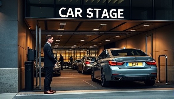 An upscale urban setting showcasing a valet attendant greeting a customer at a stylish car storage facility entrance, with luxury vehicles parked neatly in the background, exuding sophistication and convenience in urban car storage solutions.
