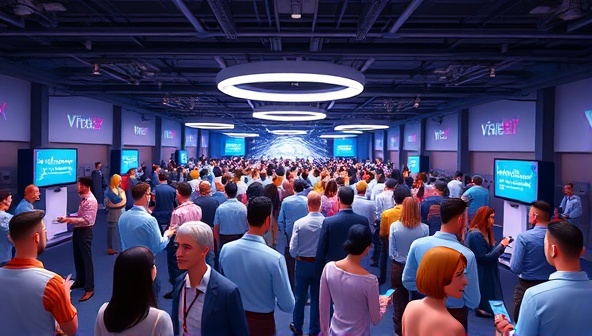 An immersive visual of a virtual event space filled with animated avatars networking and interacting during a digital conference, highlighting the dynamic and engaging atmosphere of virtual events hosted on VirtualVibe Events platform.