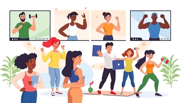 An energetic illustration of diverse individuals participating in virtual workout sessions led by trainers, showcasing a variety of fitness activities and positive interactions, conveying motivation and community spirit.