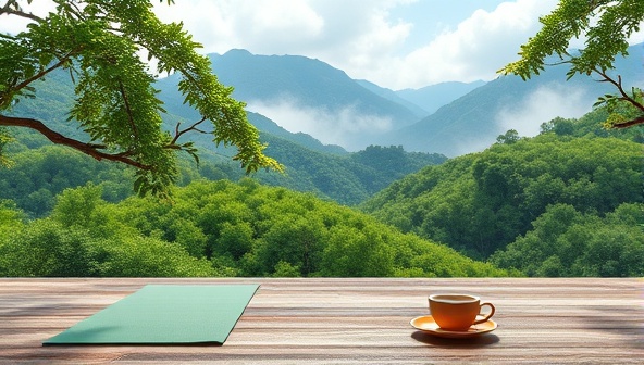 A peaceful digital landscape featuring serene nature scenes, yoga mats, herbal teas, and calming music, evoking a sense of tranquility and mindfulness for the virtual wellness retreat experience.