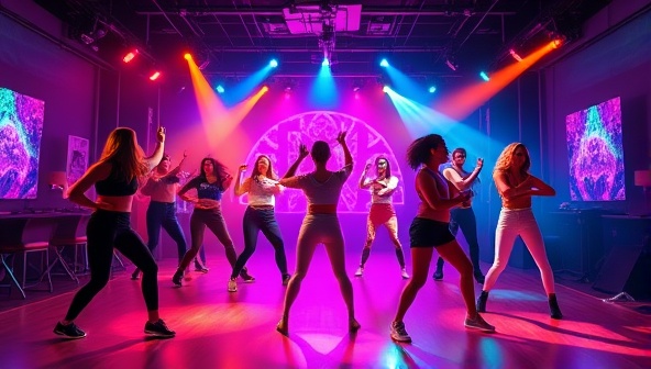 A vibrant visual representation of DanceGroove Party instructors leading a virtual dance fitness party with users from around the world, showcasing dynamic dance moves, colorful lighting effects, and a lively atmosphere, capturing the essence of fun and fitness in a virtual dance party setting.