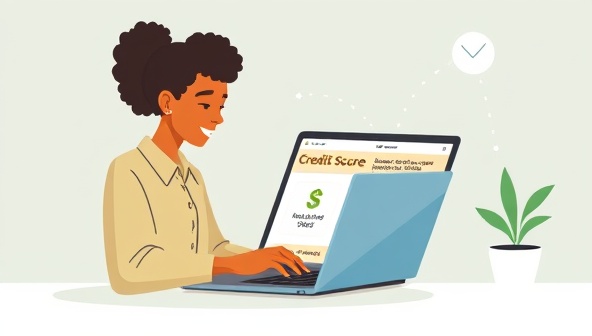 An illustrative representation of a small business owner accessing the virtual credit-building program on a laptop, with credit score improvement tips and lender connections displayed on the screen, symbolizing growth and financial empowerment for businesses.