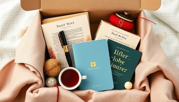 An elegantly designed subscription box filled with books, writing tools, teas, and cozy reading accessories, arranged aesthetically to convey a sense of literary indulgence and discovery.