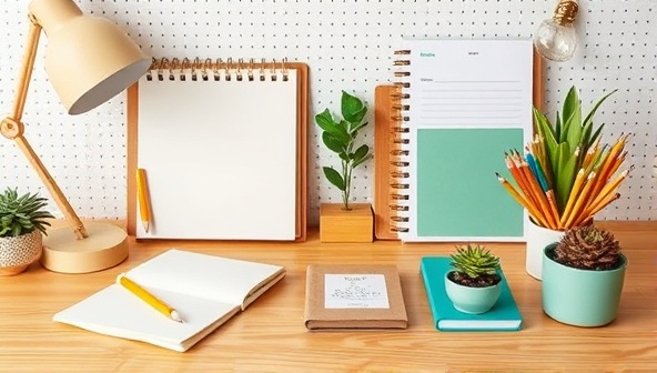 An eco-friendly school desk setup featuring the contents of the subscription box, including sustainable school supplies like bamboo stationery, recycled paper notebooks, and plantable pencils, creating a visually appealing and environmentally friendly workspace.