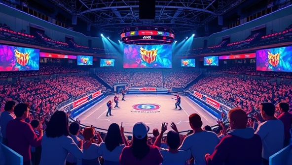 An animated virtual arena showcasing a live eSports tournament with cheering avatars, digital banners, and professional shoutcasting, capturing the excitement and intensity of a virtual gaming event on the platform.