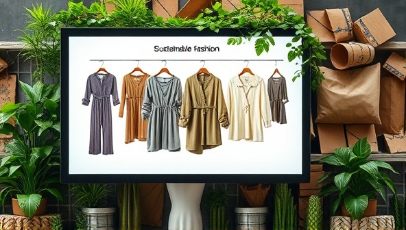 An eco-chic visual representation of sustainable fashion, featuring a collection of eco-friendly clothing items displayed on a digital screen against a backdrop of lush greenery and recycled materials, symbolizing the fusion of style and sustainability in fashion.