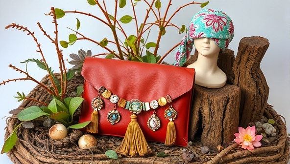 An artistic and bohemian display of upcycled fashion accessories, including a statement necklace, a repurposed leather clutch, and a fabric headband, set against a backdrop of a nature-inspired vignette, showcasing the unique and eco-conscious aesthetic of ReVibe Style Co.'s accessory collections.
