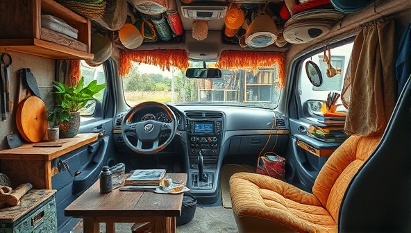 An artistic portrayal of a vibrant and sustainable car interior design studio filled with recycled materials, tools for customization, and designers working on innovative interior projects, reflecting a blend of creativity, sustainability, and automotive design reinvention.