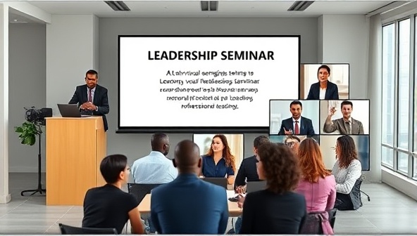 A virtual leadership seminar featuring an engaging speaker, interactive leadership exercises, and a diverse group of participants connecting from different locations, symbolizing collaborative learning and professional growth in a virtual environment.