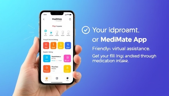 An engaging visual of a smartphone screen displaying the MediMate AI app interface with colorful pill reminders, a progress tracker, and a friendly virtual assistant guiding a user through medication intake, symbolizing convenience and support.