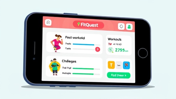 An animated illustration of a smartphone screen displaying the FitQuest app interface with colorful game elements, workout challenges, and progress bars, showcasing the fun and interactive nature of the fitness app.