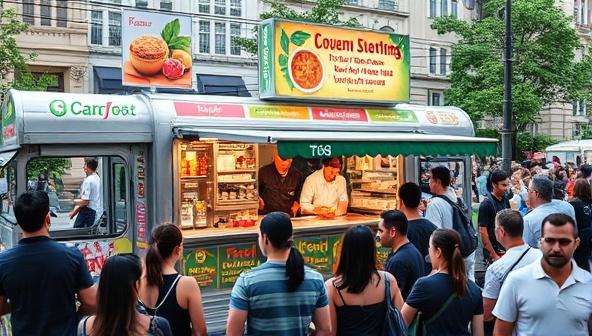 A stylish food truck adorned with colorful banners and serving mouthwatering dishes, surrounded by a bustling crowd of customers enjoying gourmet street food, capturing the essence of a vibrant culinary experience on the go.