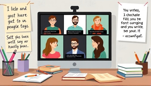 An artistic representation of a virtual writing accountability group meeting, showing members in an online video call, sharing progress updates, setting goals, and providing encouragement, surrounded by motivational quotes and writing tools, creating a supportive and collaborative atmosphere in PenPals Accountability.