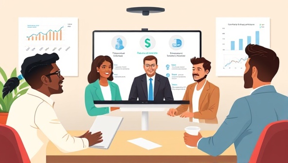 A digital illustration of a virtual financial coaching session, showing a diverse group of individuals on a video call with a financial coach, discussing investment strategies and financial goals. The background features a virtual whiteboard with financial charts and tips.