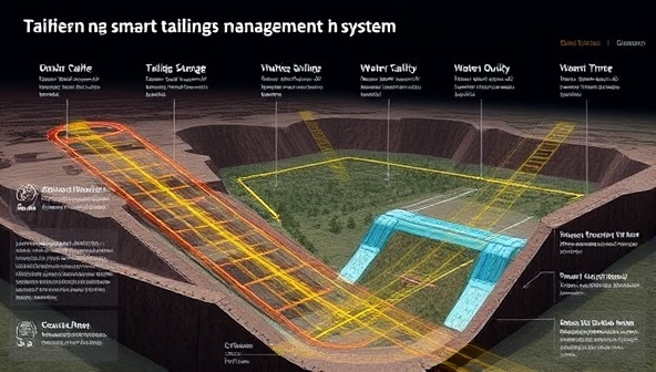 A detailed visualization of a smart tailings management system at a mine site, with IoT sensors monitoring tailings storage, water quality, and stability in real time, demonstrating the advanced capabilities and environmental benefits provided by TailingsTech Solutions in tailings management.