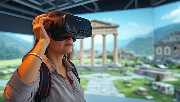 An engaging image of a virtual traveler wearing VR goggles and exploring a digital representation of an ancient ruins site, guided by a local expert in real-time, capturing the immersive and educational nature of virtual travel experiences offered by Global Odyssey Virtual.