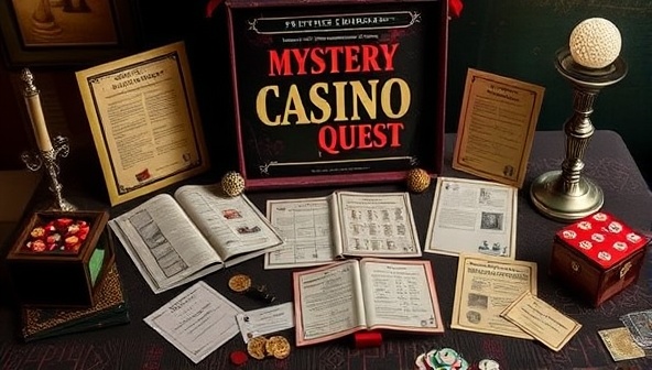 An intriguing image showcasing the contents of a Mystery Casino Quest Box, with a collection of cryptic puzzles, hidden clues, and themed props laid out on a table, inviting subscribers to unravel the mysteries and embark on a thrilling casino-inspired adventure from the comfort of their homes, creating a sense of intrigue and excitement in a box.
