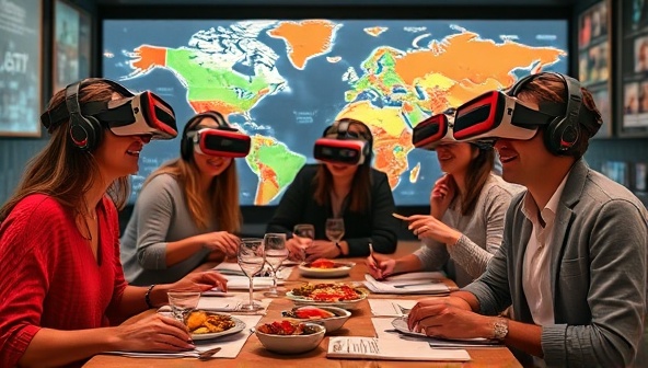 An immersive digital setting showcasing a virtual tasting session with participants wearing VR headsets, interacting with sensory kits, and experiencing a global culinary journey together, illustrating a modern and interactive food exploration experience.