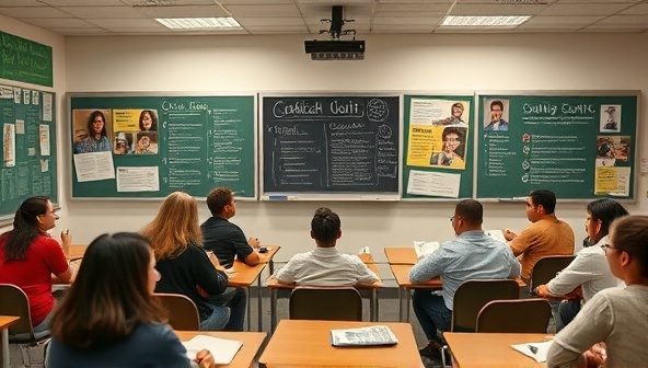 An immersive online classroom setting with diverse students engaging in lively discussions on civic topics, surrounded by digital chalkboards filled with educational content, evoking a collaborative learning environment.
