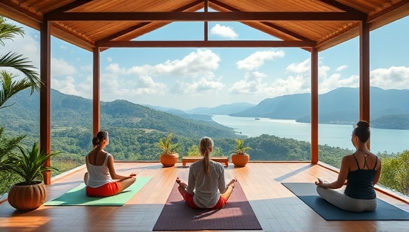 An immersive virtual wellness retreat setting featuring serene nature views, tranquil meditation spaces, and diverse practitioners leading yoga sessions and mindfulness practices, creating a harmonious and rejuvenating atmosphere for virtual retreat participants.