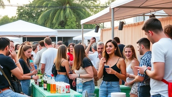 An outdoor event setting with influencers engaging with products in a vibrant and engaging atmosphere, capturing authentic moments of connection and excitement.