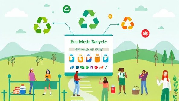 A vibrant illustration depicting the EcoMeds Recycle platform facilitating the collection and recycling of pharmaceutical waste, with colorful recycling symbols, green landscapes, and diverse individuals participating in eco-friendly waste disposal practices, promoting a sustainable and responsible approach to medication waste management.
