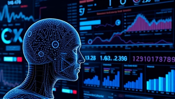 An AI algorithm analyzing complex data sets and generating actionable insights on a futuristic digital interface, visualizing trends and patterns in consumer behavior and market dynamics, highlighting the advanced analytical capabilities of InsightAI's platform.