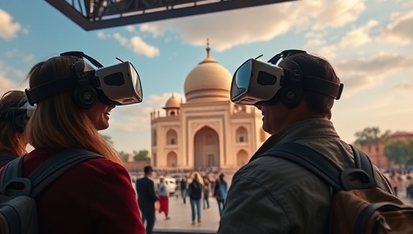 A captivating virtual reality travel scene with users exploring a digital representation of a famous landmark or cultural site, guided by a virtual tour guide and surrounded by immersive visuals and interactive elements, highlighting the platform's innovative and immersive travel experiences.