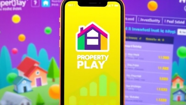 A vibrant and engaging mobile app interface displaying the PropertyPlay game logo, with colorful property icons, investment charts, and leaderboard rankings, creating a dynamic and interactive gaming experience for users interested in real estate investing.