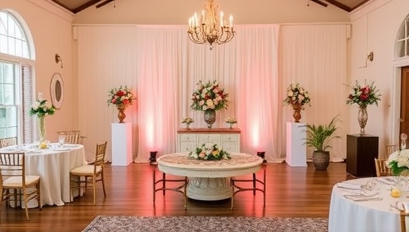 A beautifully styled event setup in a local venue, featuring elegant decor, floral arrangements, and personalized details that capture the essence of a community-centric celebration, illustrating the creative and tailored approach of Eventful Neighbors.