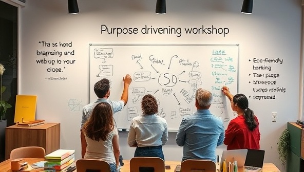An image of a branding workshop with diverse team members brainstorming purpose-driven concepts on a whiteboard, surrounded by eco-friendly branding materials and inspirational quotes, capturing the essence of purposeful and impactful branding strategies.