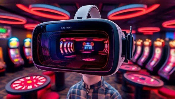 A futuristic VR headset displaying a virtual casino setting with colorful game tables, slot machines, and digital avatars interacting, conveying a cutting-edge and immersive gambling experience.
