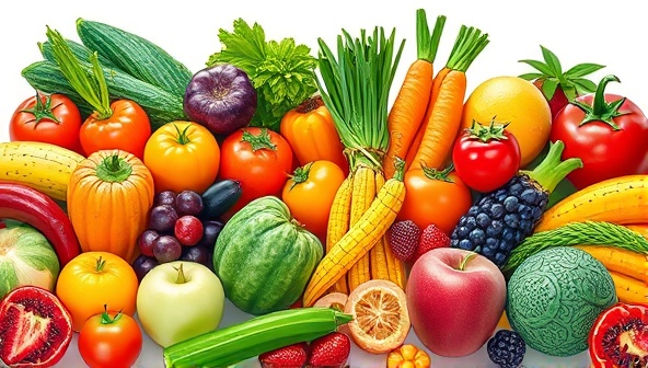 A vibrant digital illustration showcasing a variety of colorful fruits and vegetables arranged in a visually appealing manner, symbolizing freshness and diversity in agricultural offerings.