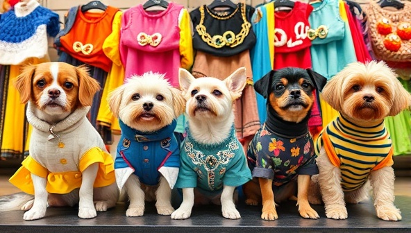A vibrant and colorful display of custom pet clothing and accessories, with happy pets modeling the latest trends, showcasing style and individuality.