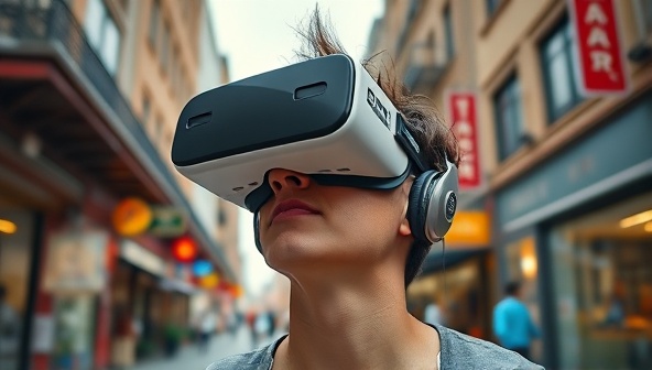 An engaging image featuring a person wearing a VR headset, immersed in a virtual travel experience of a bustling city street, with vivid details and interactive elements, creating a sense of presence and exploration in the digital world.