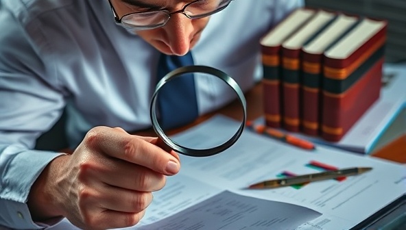 An intense and investigative image of a forensic accountant examining financial documents under a magnifying glass, with legal books and evidence markers in the background, symbolizing precision and scrutiny in fraud investigations.