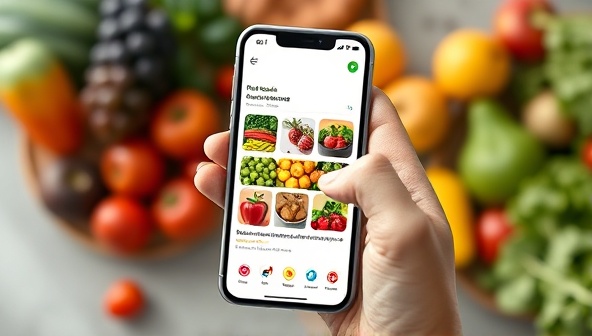 An engaging mobile app interface mockup showcasing a user browsing through an array of colorful, fresh produce options with a seamless ordering process and delivery options, emphasizing convenience and quality.