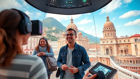 An immersive virtual tour setting with a guide in a captivating destination, surrounded by interactive elements and informative visuals, inviting viewers to explore the world through TravelTales' innovative virtual tour experience.