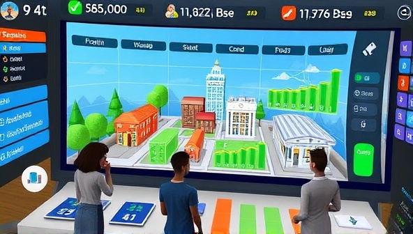 A colorful and dynamic real estate investment simulation game interface featuring virtual properties, investment charts, and player avatars engaged in strategic decision-making, capturing the interactive and educational essence of PropPlay Ventures' gamification platform.