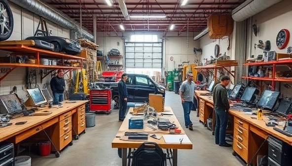 An expansive maker space filled with workstations, tool racks, and vehicle parts, members collaborating on projects, a workshop instructor demonstrating a repair technique, a sense of creativity and camaraderie in the air, embodying a vibrant and innovative automotive maker community.