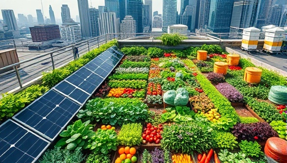 An aerial view of a vibrant rooftop garden filled with rows of leafy greens, herbs, and colorful vegetables, surrounded by solar panels and beehives, with city skyscrapers in the background, illustrating the harmonious integration of urban agriculture and sustainable living.