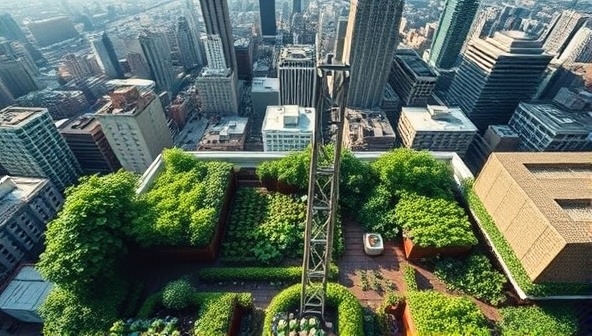 An aerial view of a vibrant rooftop garden oasis in the midst of a bustling cityscape, showcasing the lush greenery and community engagement of the urban rooftop farming co-op.