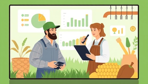 A digital illustration depicting a virtual consultation session between a farmer and an agronomy expert, with graphs, charts, and agricultural tools in the background, symbolizing knowledge sharing and problem-solving in agriculture.