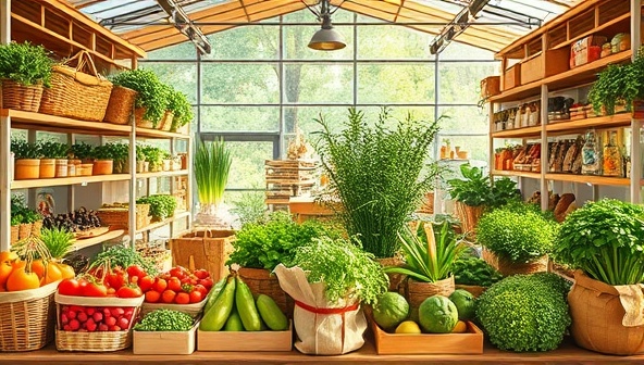 An image of a vibrant online marketplace showcasing a variety of sustainably sourced products, from farm-fresh produce and artisanal goods to eco-friendly gardening tools, creating a virtual hub for ethical consumer choices and supporting local farmers and artisans.