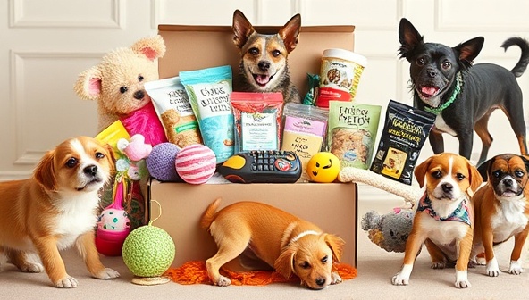An assortment of colorful pet toys, gourmet pet treats, stylish pet accessories, and grooming products elegantly arranged in a pet-themed subscription box, surrounded by happy pets playing and exploring, showcasing the excitement and variety of the personalized pet subscription boxes.