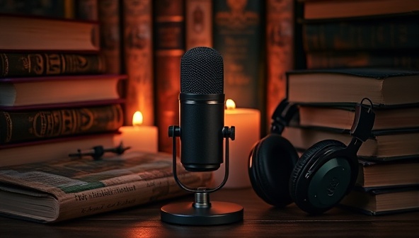 An atmospheric image of a microphone surrounded by books, a candle, and a pair of headphones, creating a cozy and immersive setting for recording captivating stories, evoking a sense of mystery and intrigue.