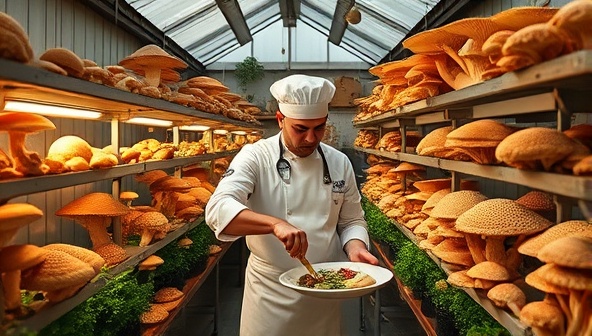 An aesthetically designed indoor mushroom studio filled with various mushroom varieties growing in controlled environments, with a chef preparing a gourmet dish using freshly harvested mushrooms, embodying culinary creativity and sustainable farming practices.