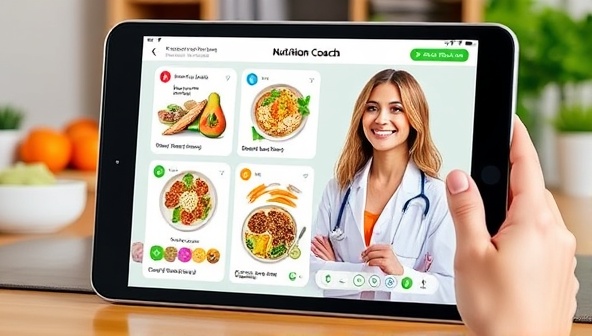 An interactive nutrition app displaying colorful meal plans and nutritional information, with a virtual nutrition coach providing guidance and support, highlighting the innovative telemedicine nutrition coaching services offered by NutriConnect Telecare.
